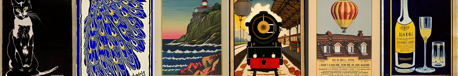 six pictures drawn by Pagouro BE: a black cat, a peacock, a lighthouse, a locomotive, a hot-air balloon, a bottle of champagne