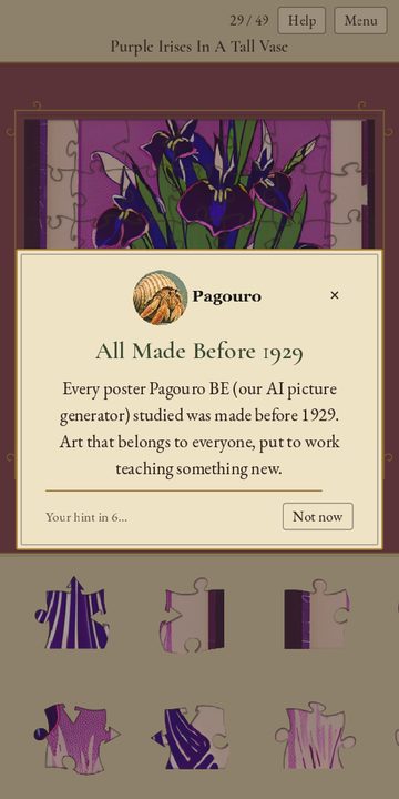 The Help card, a short note about the pictures shown before a hint