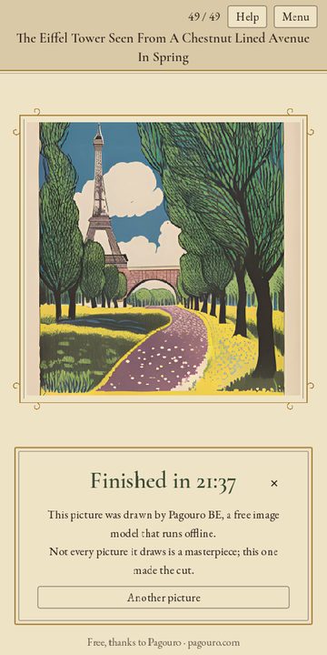 The finished Eiffel Tower picture with a card reading Finished in 21:37